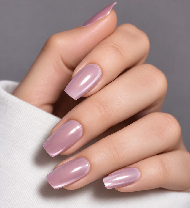 Mauve chrome on long square nails with a high-shine finish