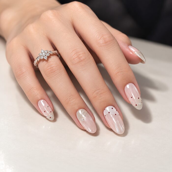 Milky pink almond nails with tiny white dot accents and a pearl shimmer