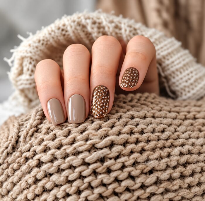 Short mocha gel nails with bronze glitter accent nails, against a cosy knit