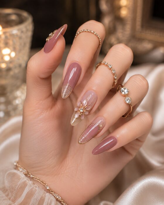 Rose nude almond nails with a gold flower and crystal accent